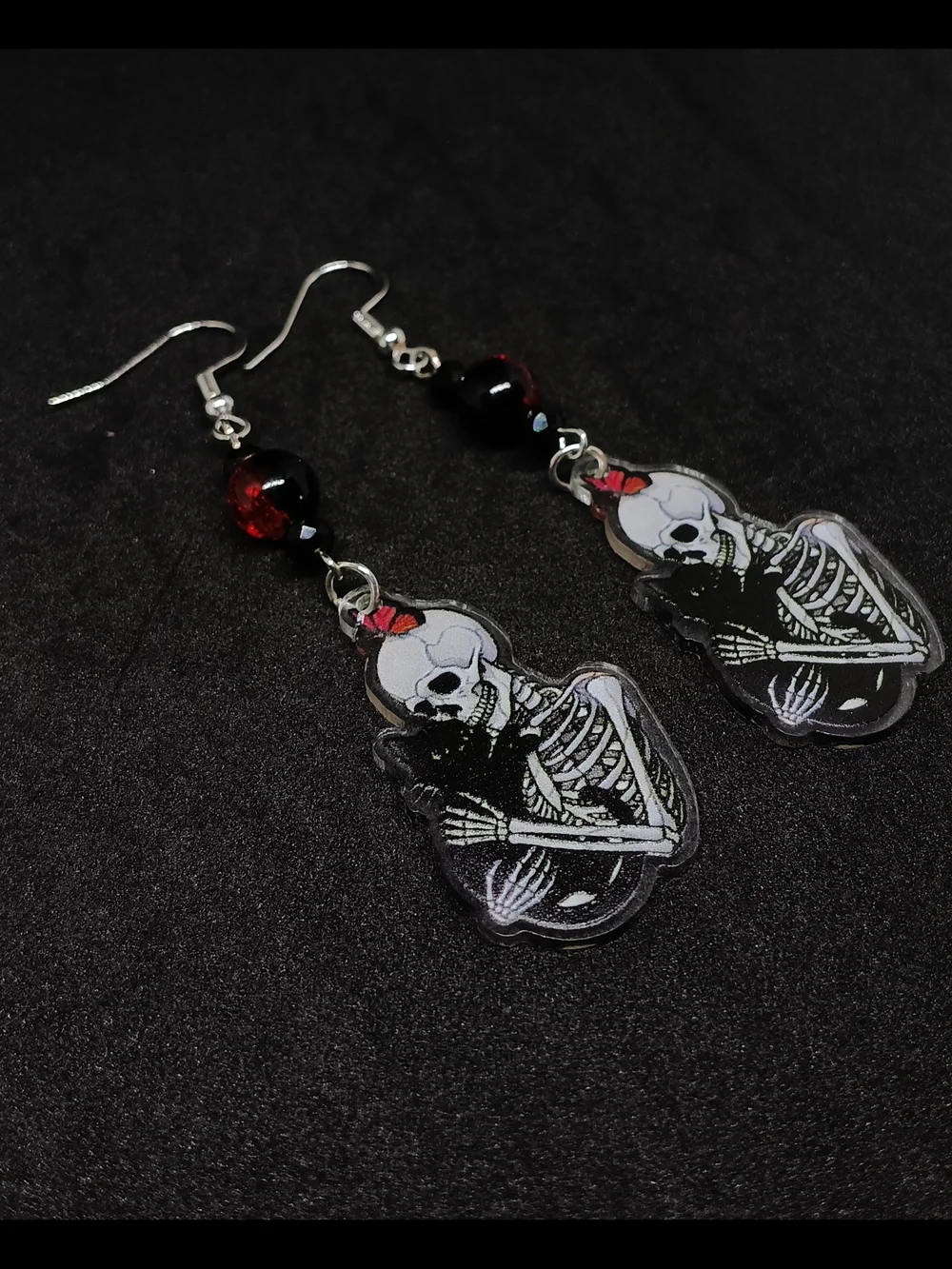 Skeleton & Cat Dangle Earrings - Red and Black